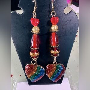 Artisan Rainbow locket Heart Drop Earrings with glass beads